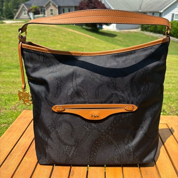 Ralph Lauren RLL Monogram Shoulder Bag - Black & Tan with Leopard Lining - Picture 1 of 12